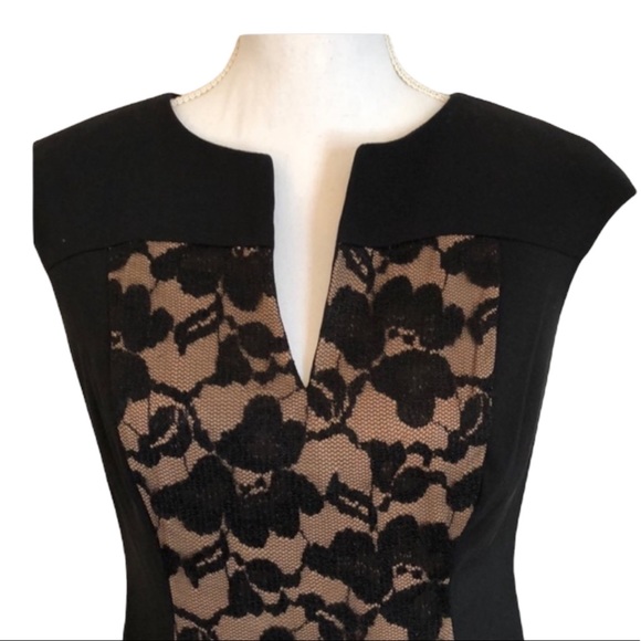 CONNECTED APPAREL Split V-Neck Black & Nude Floral Lace Overlay Detail Dress - Picture 3 of 11